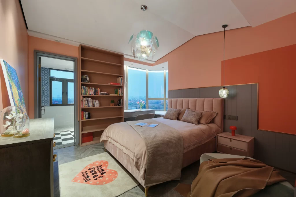 Modern Bedroom Soft Pastels Cozy Atmosphere Bookshelf Large Window