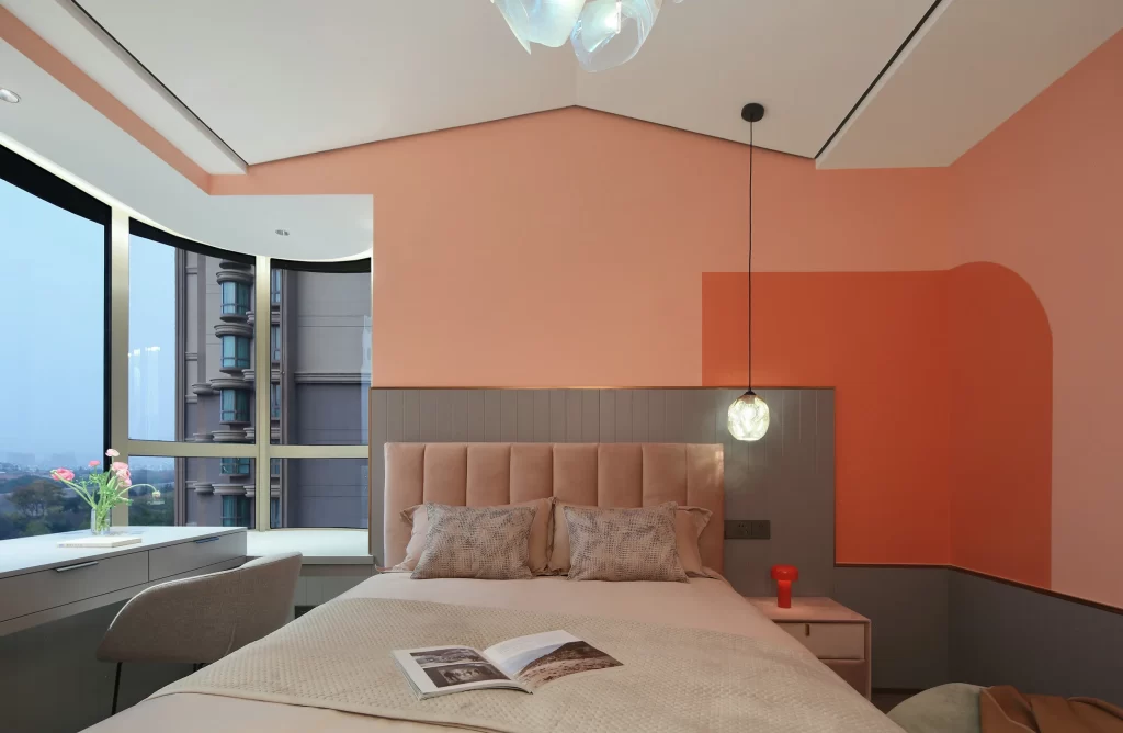 Modern Bedroom Soft Peach Tones Minimalist Bedside Table Pendant Light