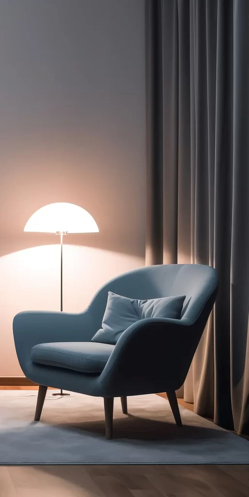 Modern Blue Armchair With Warm Ambient Floor Lamp