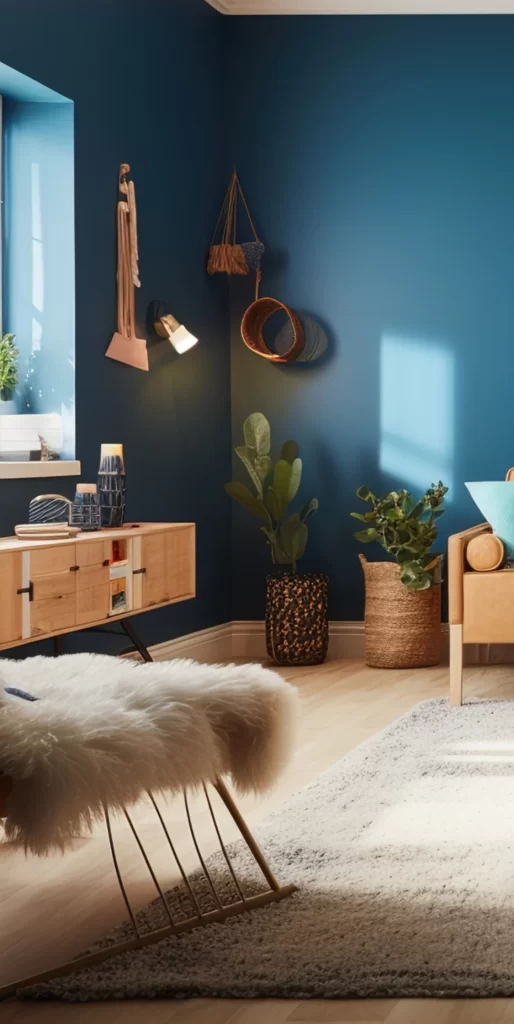Modern Bohemian Living Room With Deep Teal Walls