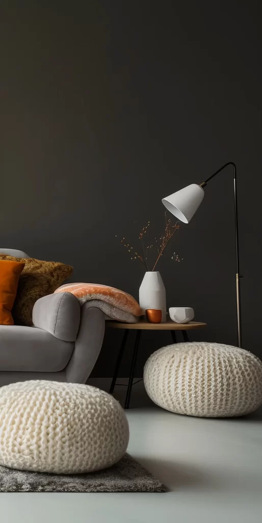 Modern Cozy Living Room with Chunky Knit Poufs