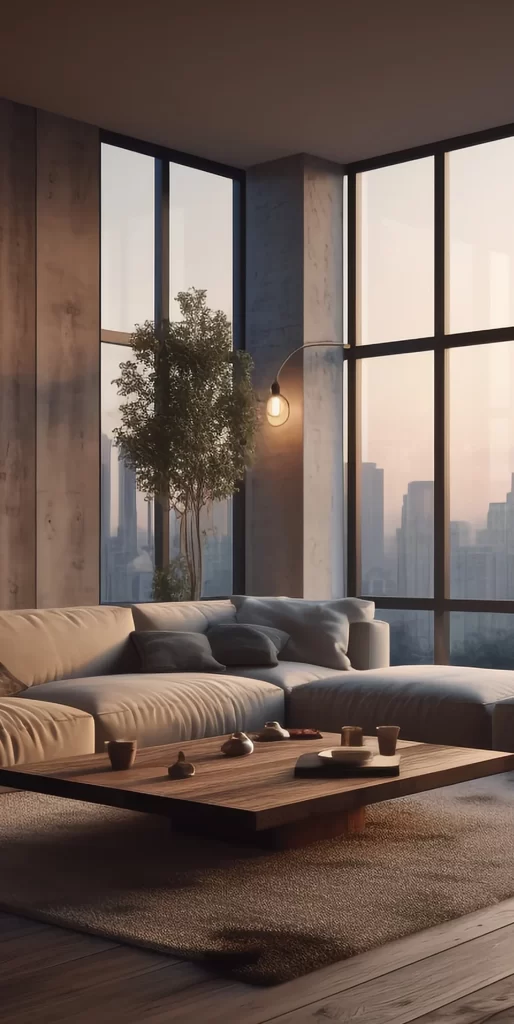 Modern Cozy Living Room With City View