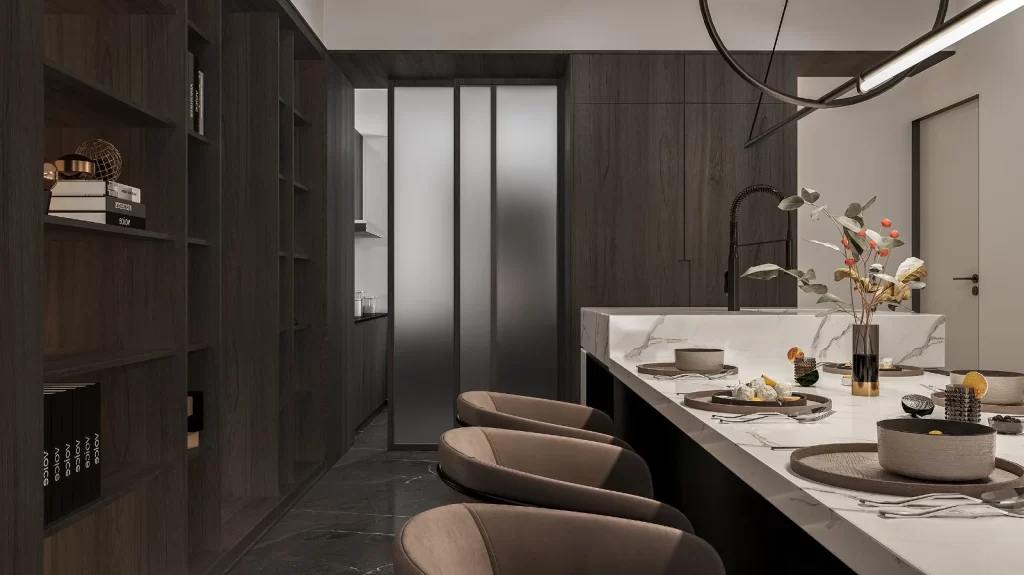 Modern Dining Room Dark Wood Cabinets Marble Table Neutral Colors Elegant Decor