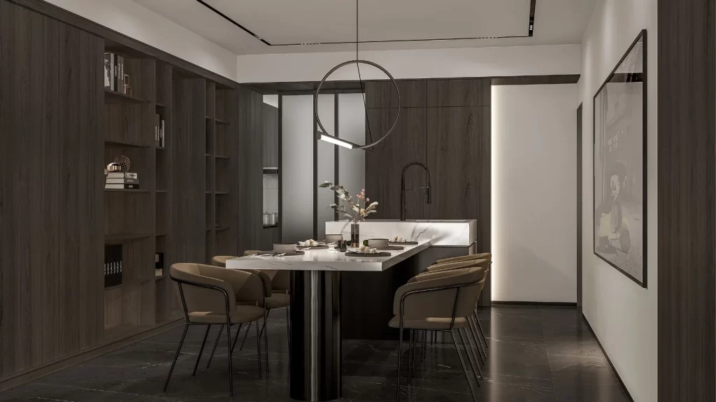 Modern Dining Room Dark Wood Minimalist Design Neutral Color Palette Contemporary Furniture