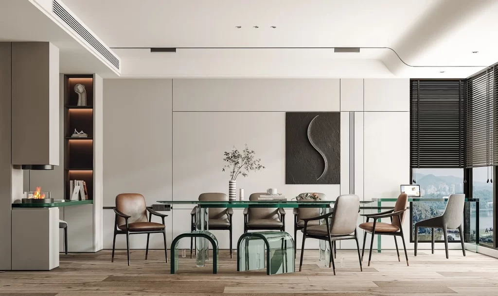 Modern Dining Room Glass Table Minimalist Design Neutral Colors Natural Light