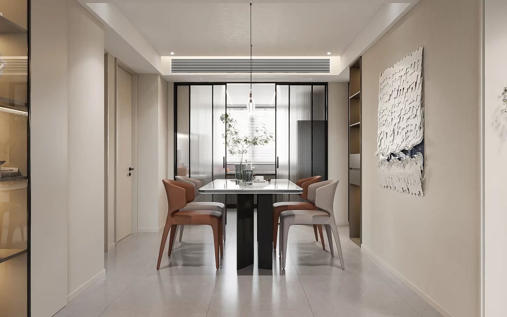 Modern Dining Room Minimalist Design Neutral Color Palette Sleek Furniture Artistic Wall Decor