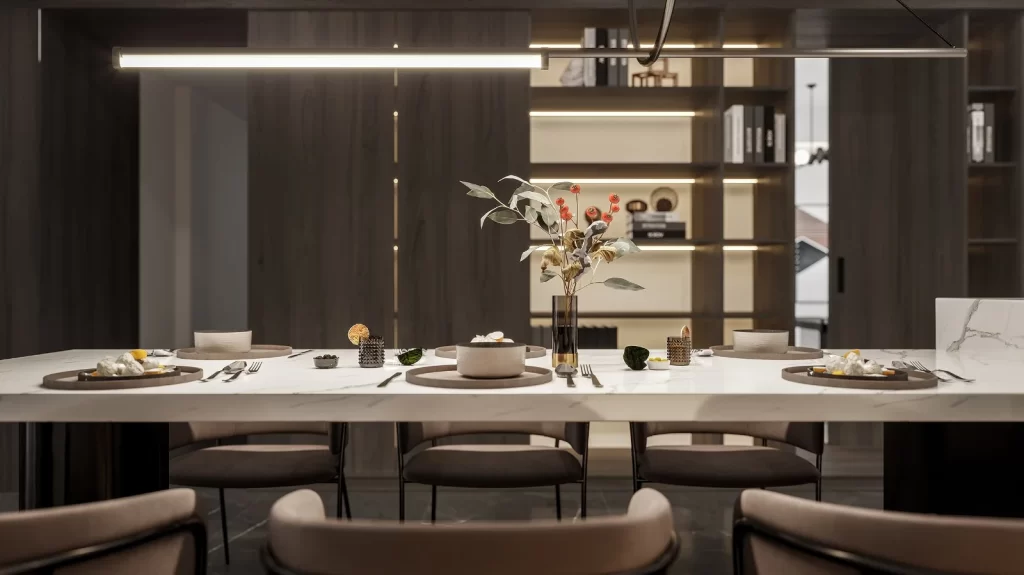 Modern Dining Room Neutral Color Palette Minimalist Design Elegant Table Setting Contemporary Decor