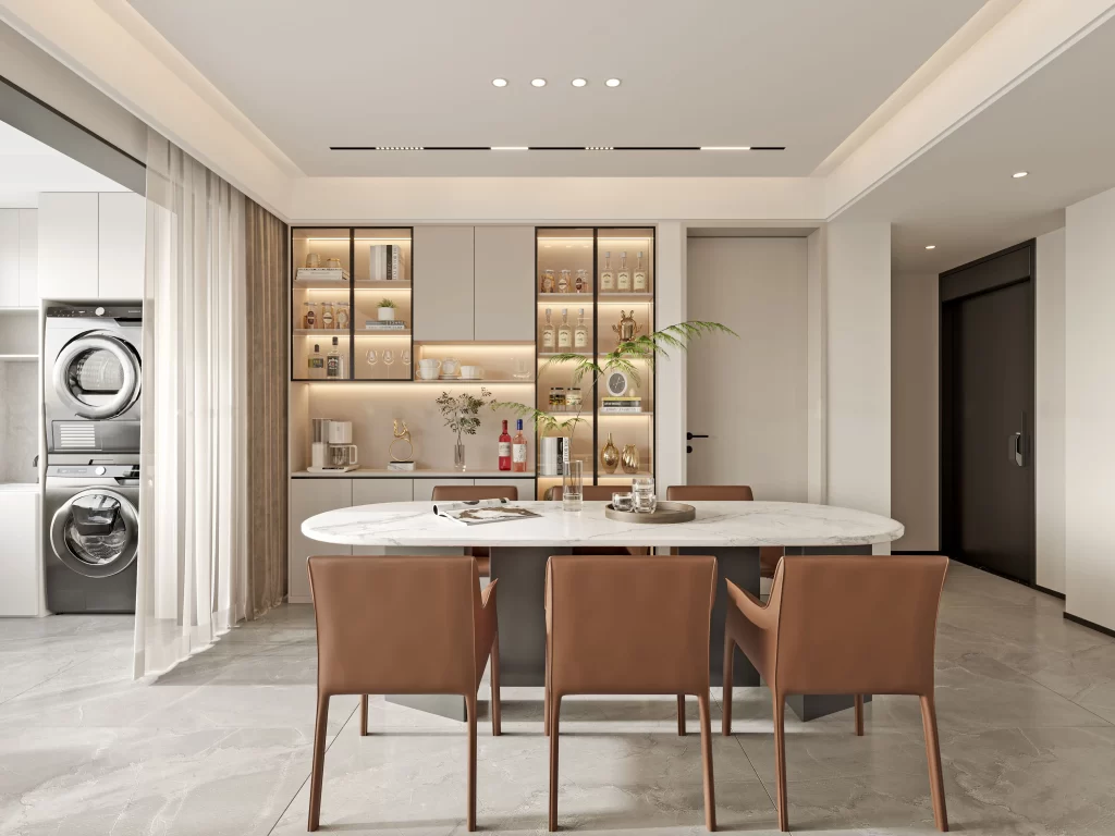 Modern Dining Room Neutral Tones Minimalist Design Open Shelving Natural Light