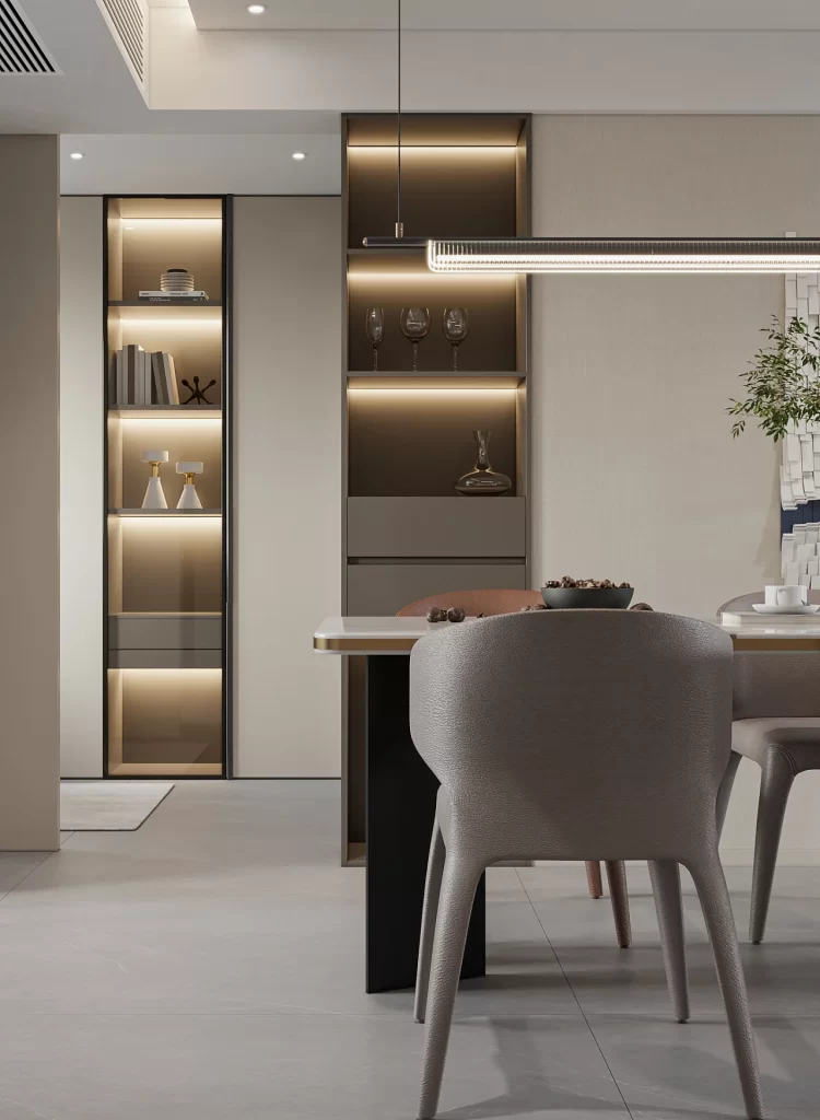 Modern Dining Room Neutral Tones Minimalist Design Soft Lighting Elegant Decor