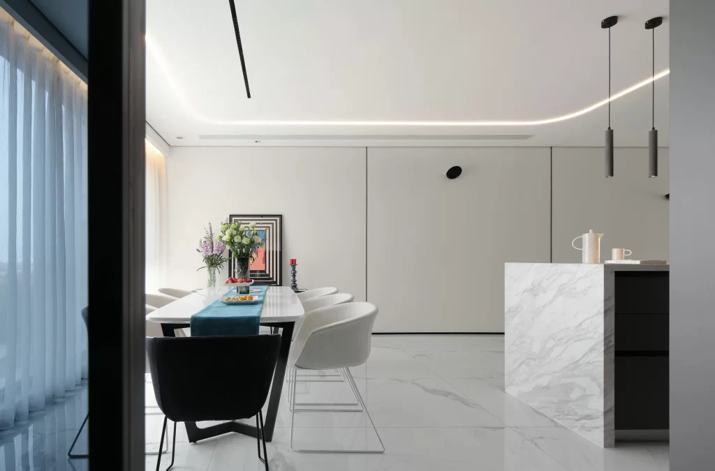 Modern Dining Room Neutral Tones Minimalist Marble Table White Chairs