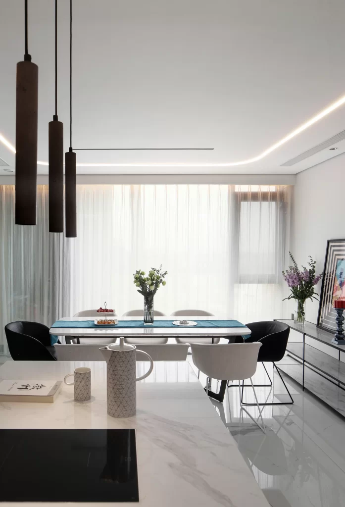 Modern Dining Room Neutral Tones Minimalist Table Black Chairs