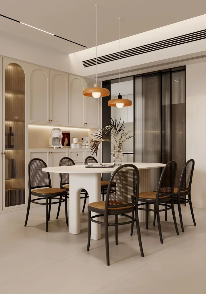 Modern Dining Room White Table Black Chairs Pendant Lights Neutral Color