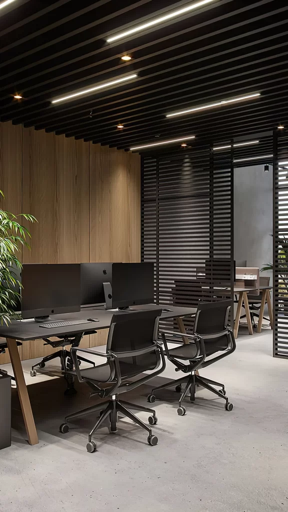 Modern Industrial Office With Slatted Ceiling