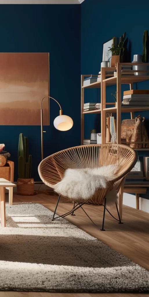 Modern Interior With Rattan Chair And Teal Walls