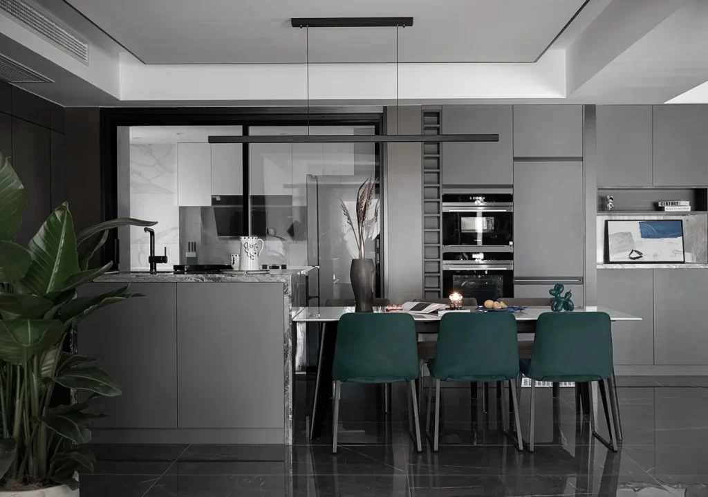 Modern Kitchen Dining Area Neutral Tones Sleek Cabinetry Black Countertop Green Chairs