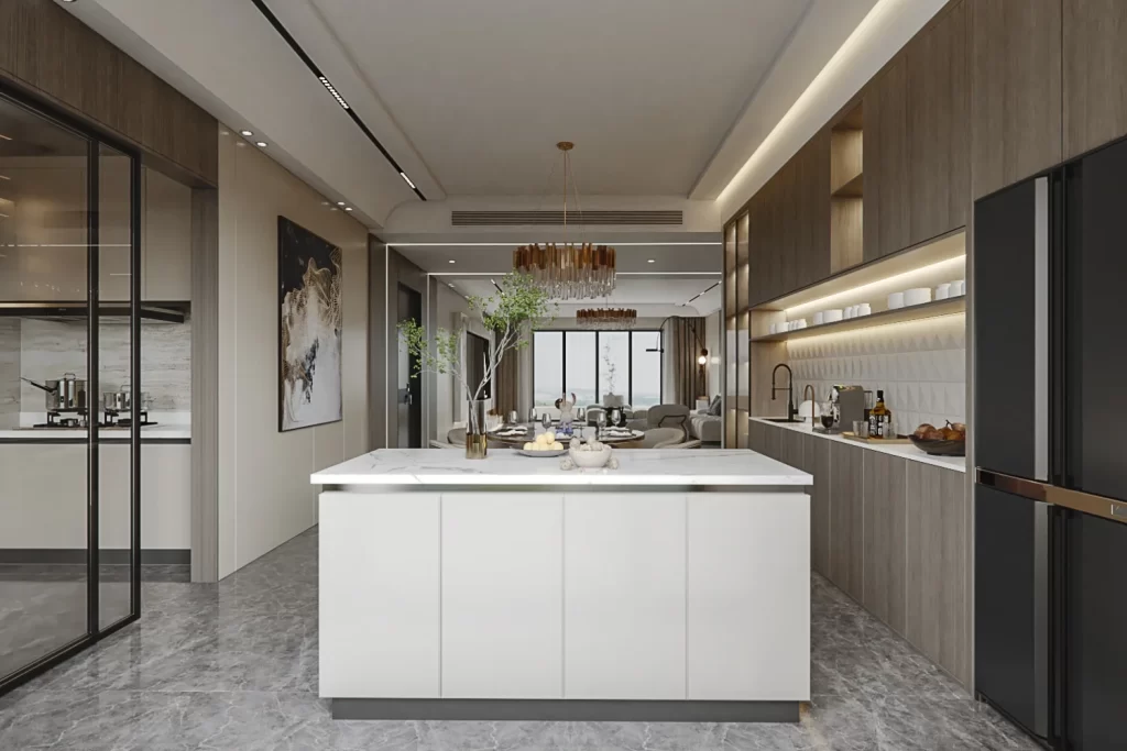 Modern Kitchen Island Marble Countertop Stainless Steel Appliances Neutral Color Palette