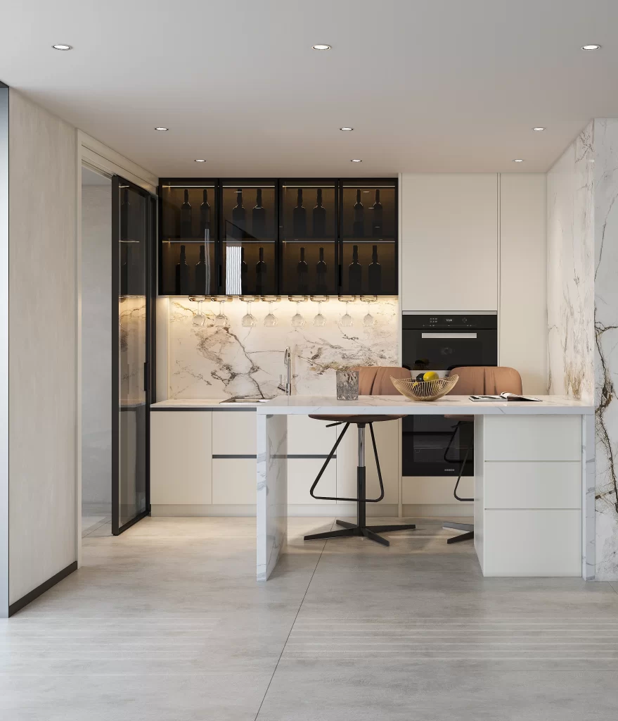 Modern Kitchen Marble Countertop Bar Stools Wine Rack Glass Cabinets Neutral Tones