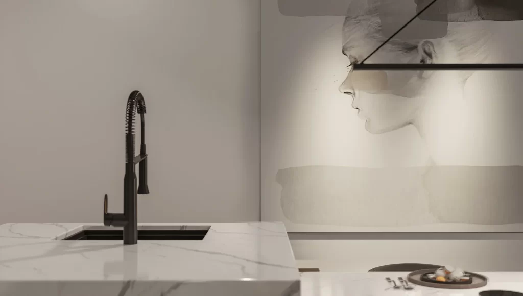 Modern Kitchen Minimalist Design Black Faucet Marble Countertop Artistic Wall Art