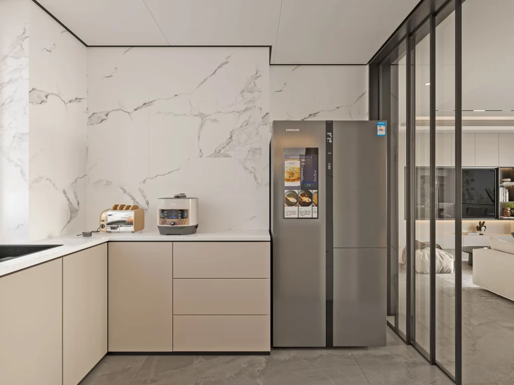 Modern Kitchen Minimalist Design Stainless Steel Appliances Marble Backsplash Neutral Tones