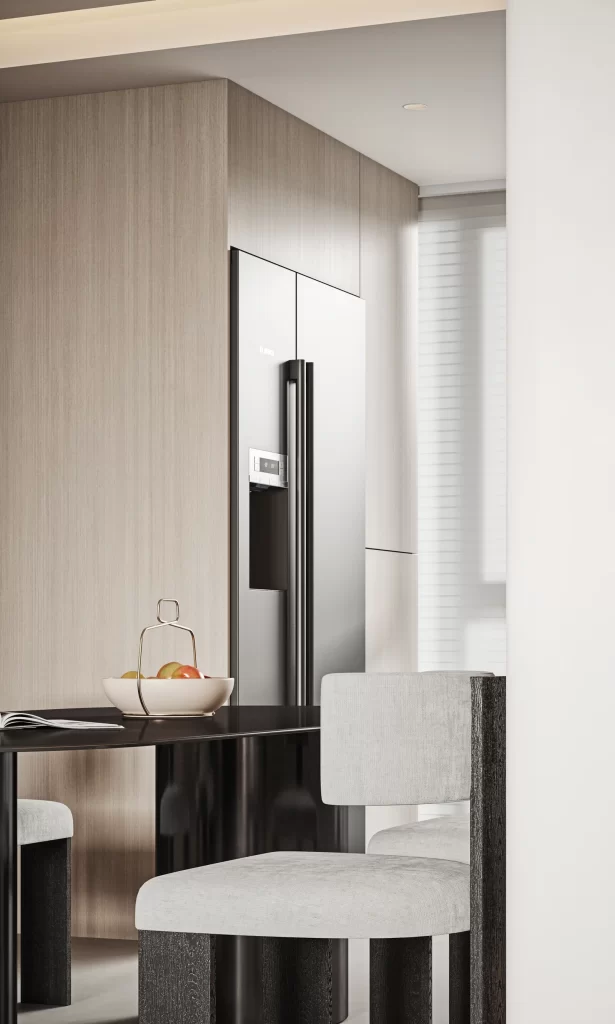 Modern Kitchen Minimalist Design Stainless Steel Appliances Neutral Tones Natural Light