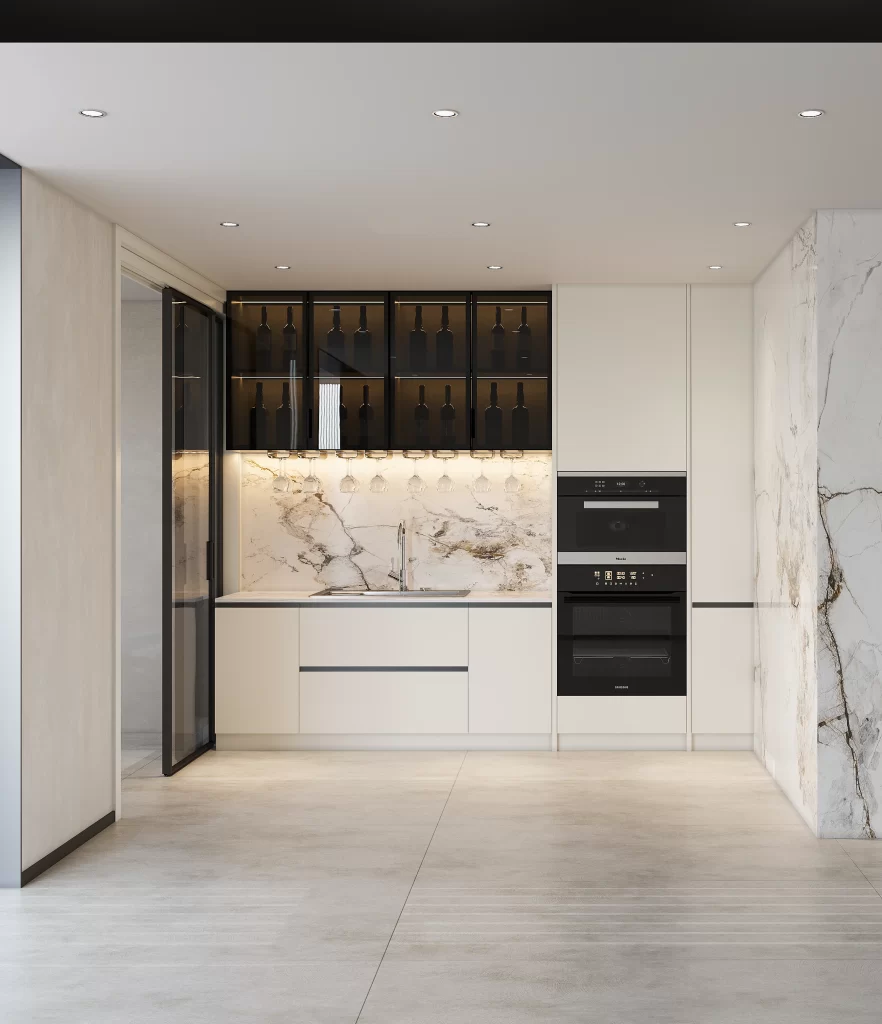 Modern Kitchen Minimalist Design White Cabinets Marble Backsplash Integrated Appliances