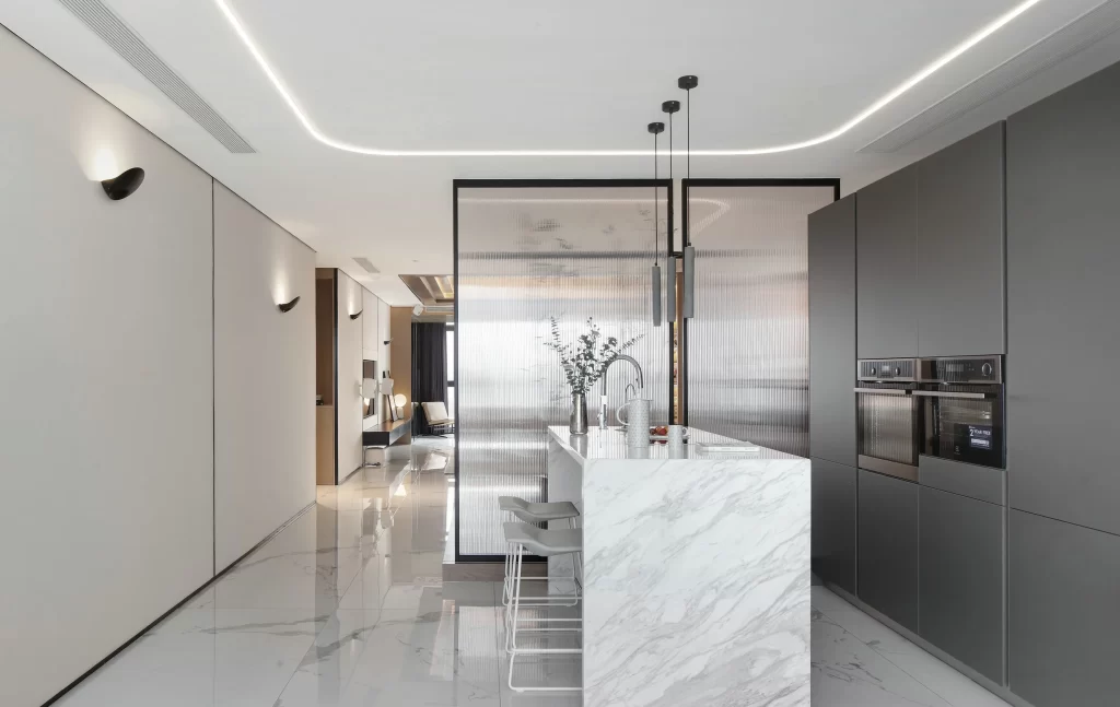 Modern Kitchen Neutral Tones Minimalist Marble Island Black Cabinets
