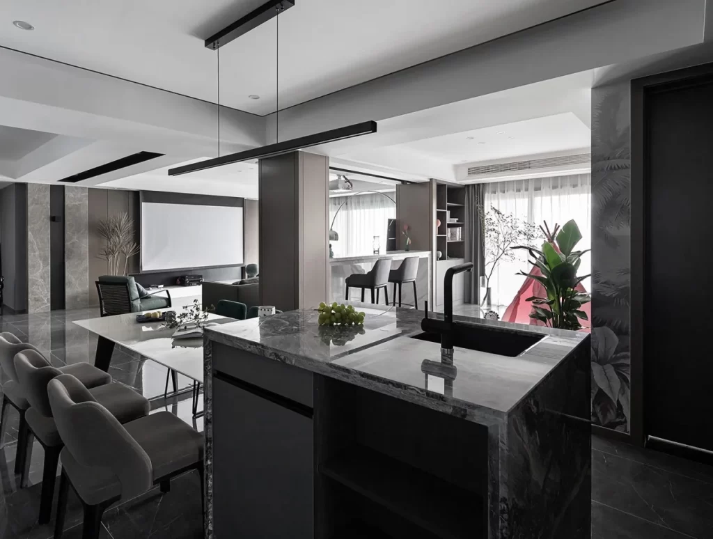 Modern Kitchen Neutral Tones Sleek Marble Island Black Faucet Bar Stools