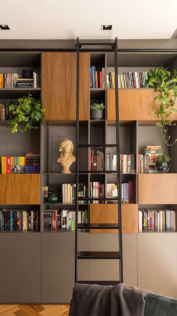 Modern Library Wall With Rolling Ladder and Bust