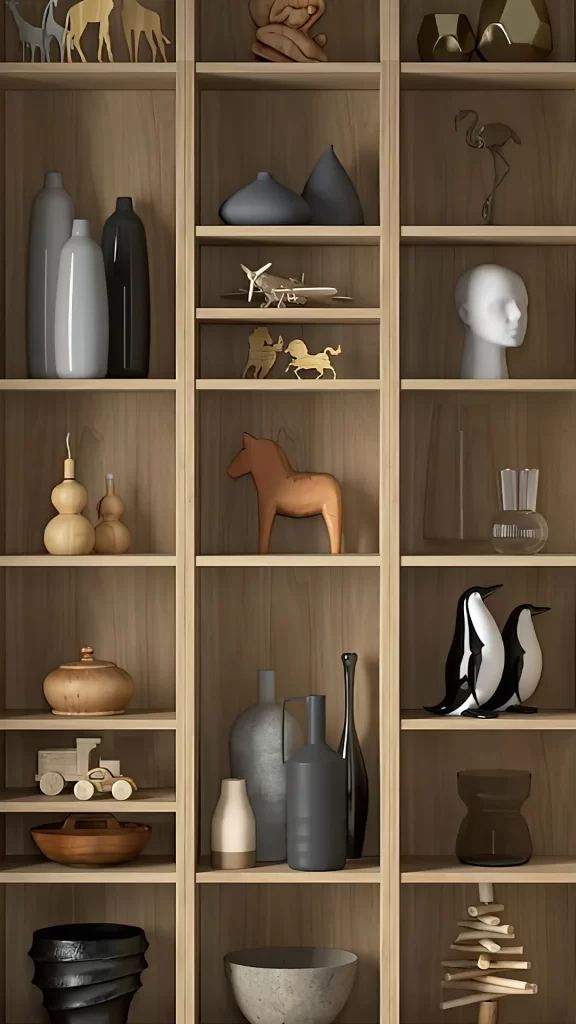 Modern Light Wood Shelving Unit with Ceramic Vases and Wooden Animal Sculptures