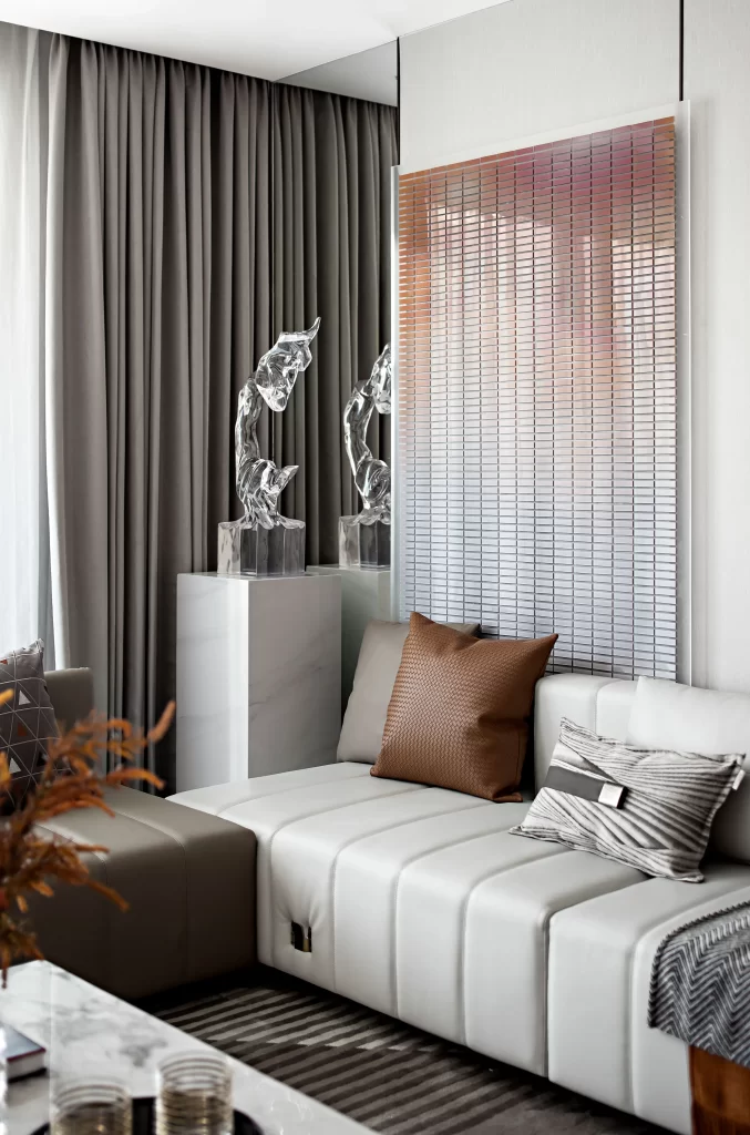 Modern Living Room Artistic Sculpture Neutral Color Palette Geometric Patterns
