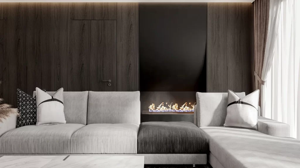 Modern Living Room Fireplace Neutral Tones Minimalist Design Comfortable Seating