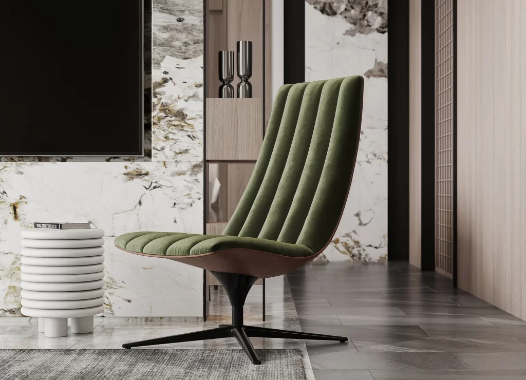 Modern Living Room Green Velvet Chair Marble Walls Neutral Tones