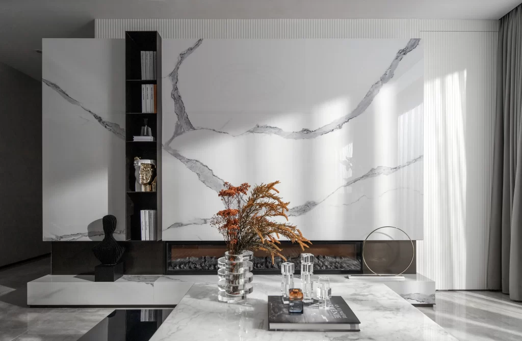 Modern Living Room Minimalist Design Marble Wall Natural Elements Neutral Color
