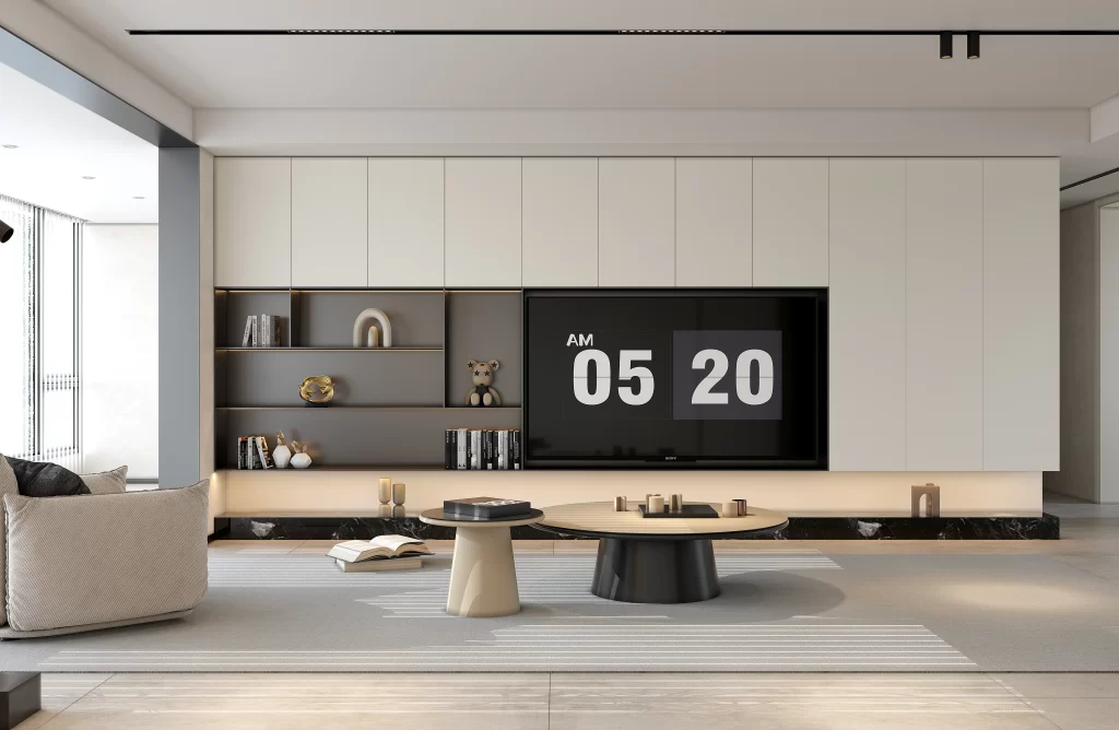 Modern Living Room Minimalist Design Neutral Color Palette Large Tv Wall Shelving