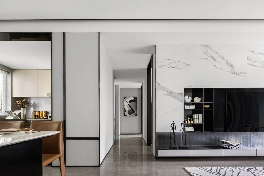 Modern Living Room Minimalist Design Neutral Color Palette Marble Accents Artistic Decorations