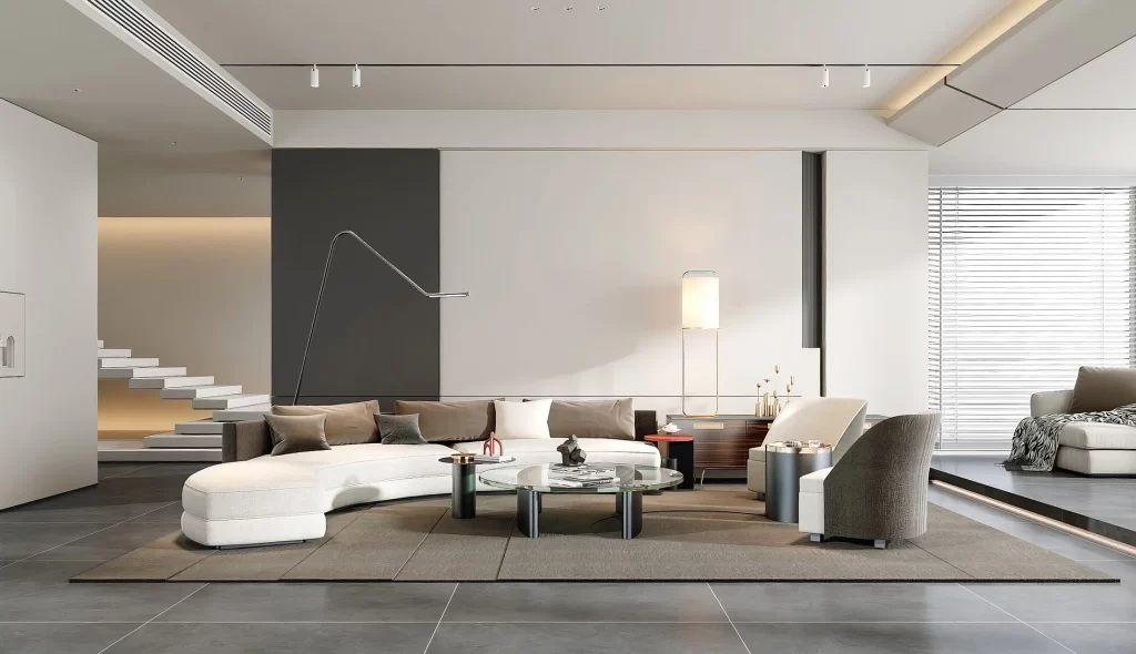 Modern Living Room Minimalist Design Neutral Colors Contemporary Furniture Large Windows