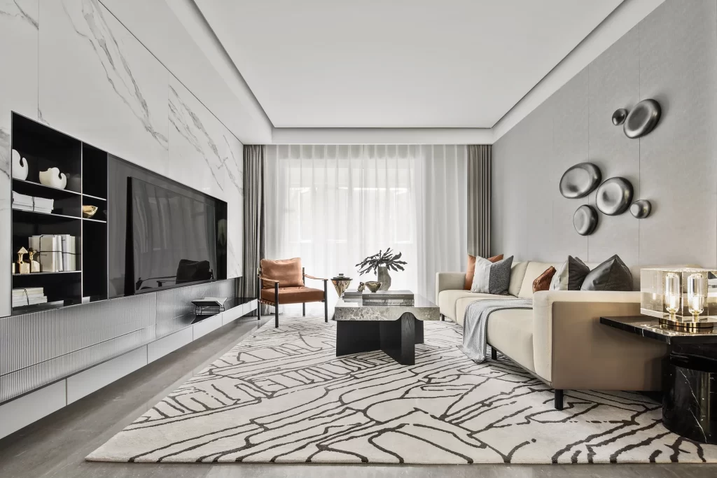 Modern Living Room Minimalist Design Neutral Colors Geometric Patterns Artistic Decorations
