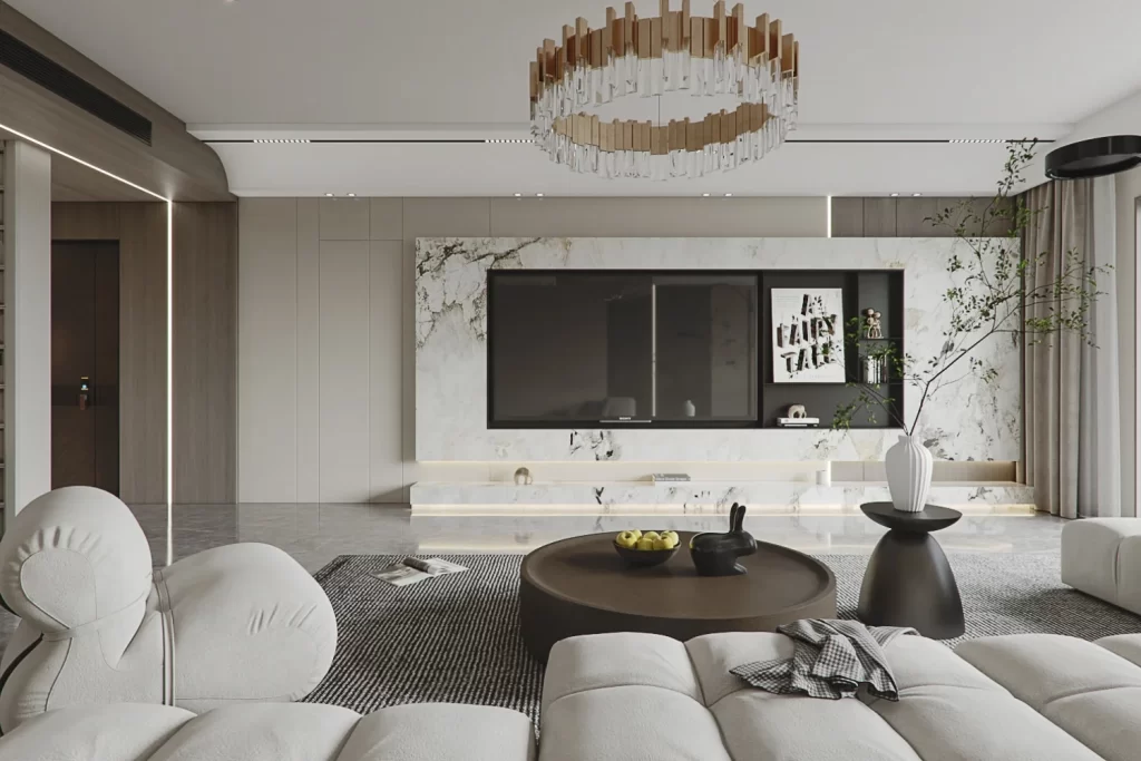 Modern Living Room Minimalist Design Neutral Colors Marble Wall Artistic Chandelier