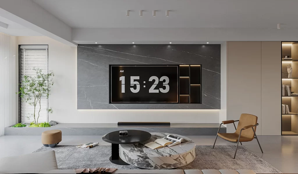 Modern Living Room Minimalist Design Neutral Colors Marble Accents Natural Light