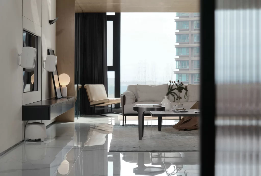 Modern Living Room Minimalist Design Neutral Tones Glass Windows