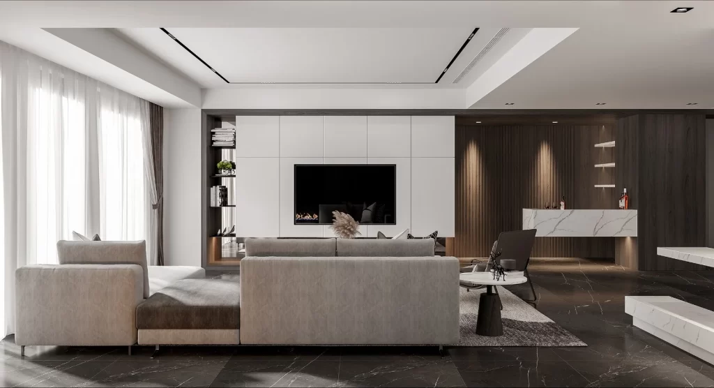Modern Living Room Minimalist Design Neutral Tones Large Windows Fireplace
