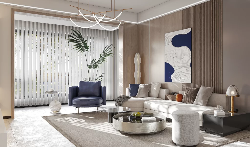 Modern Living Room Minimalist Design Neutral Tones Natural Light Artistic Lighting