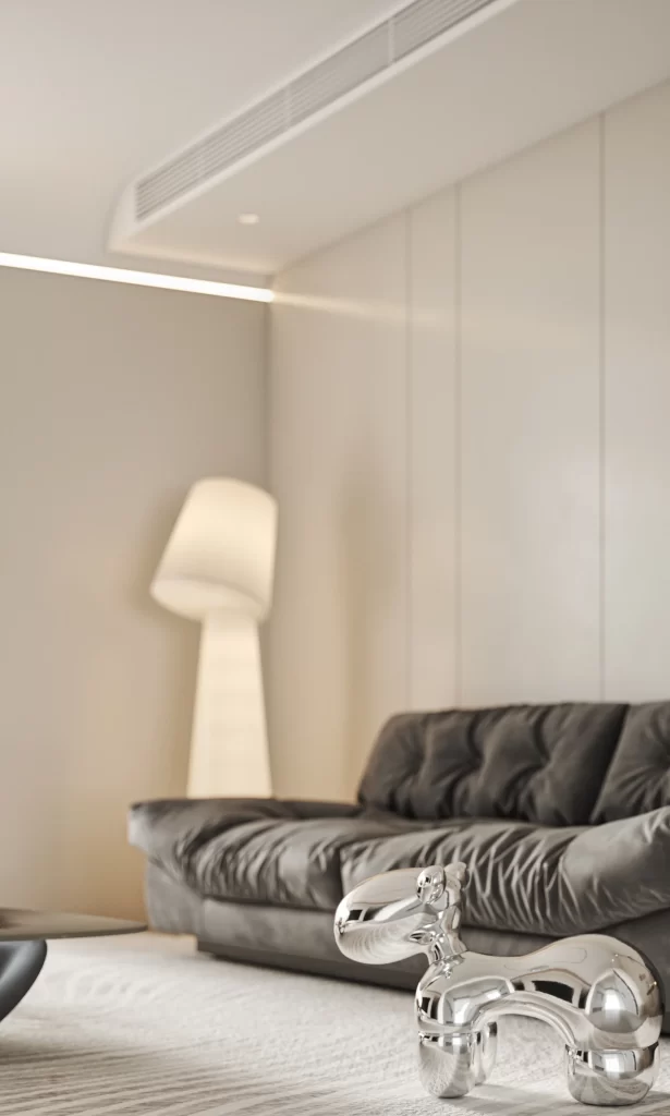 Modern Living Room Minimalist Design Silver Sculpture Neutral Color Palette Soft Lighting