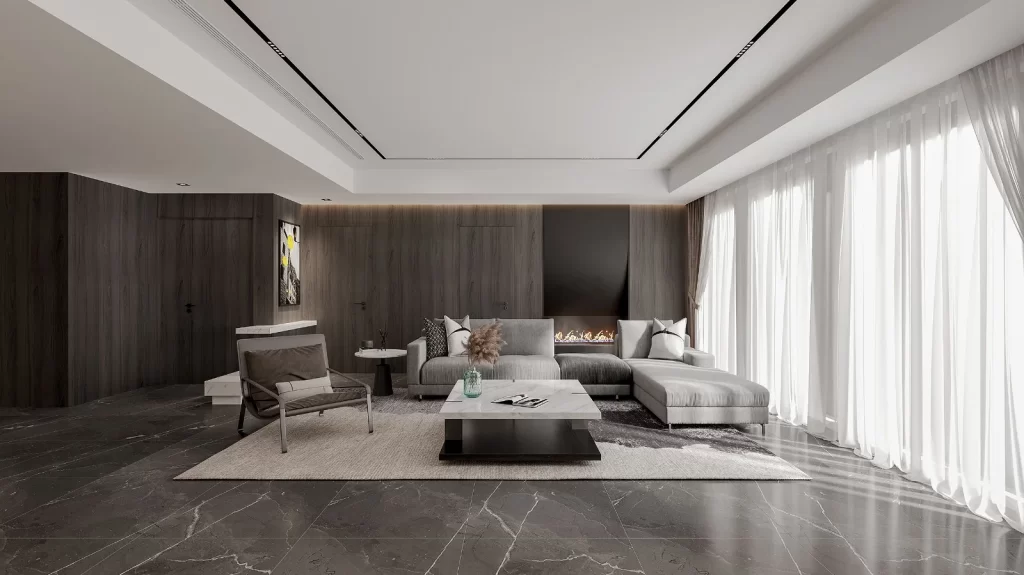 Modern Living Room Minimalist Fireplace Neutral Tones Large Windows