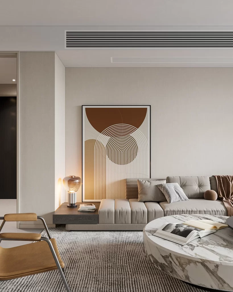 Modern Living Room Neutral Color Palette Abstract Art Minimalist Design Comfortable Seating