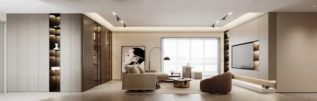 Modern Living Room Neutral Color Palette Minimalist Design Track Lighting Artistic Wall Art