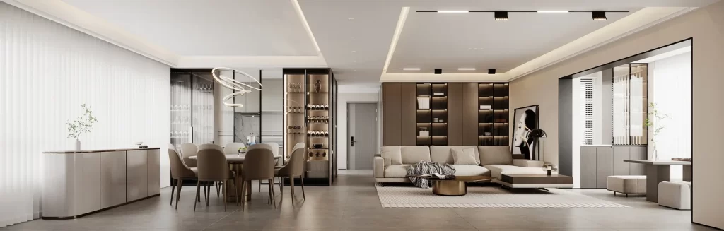Modern Living Room Neutral Color Palette Minimalist Design Contemporary Furniture Artistic Lighting