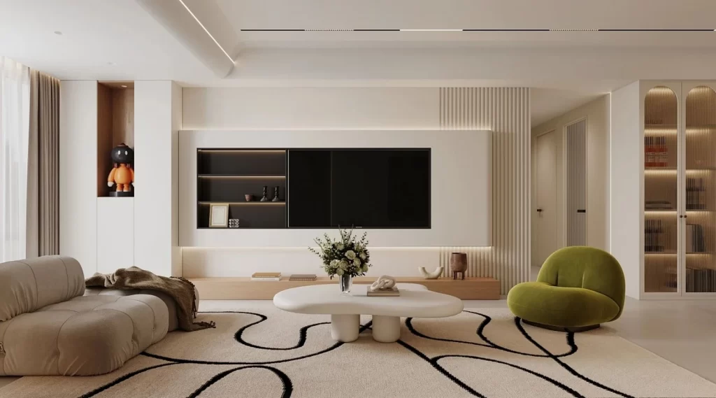 Modern Living Room Neutral Color Palette Minimalist Design Green Accent Chair Abstract Rug