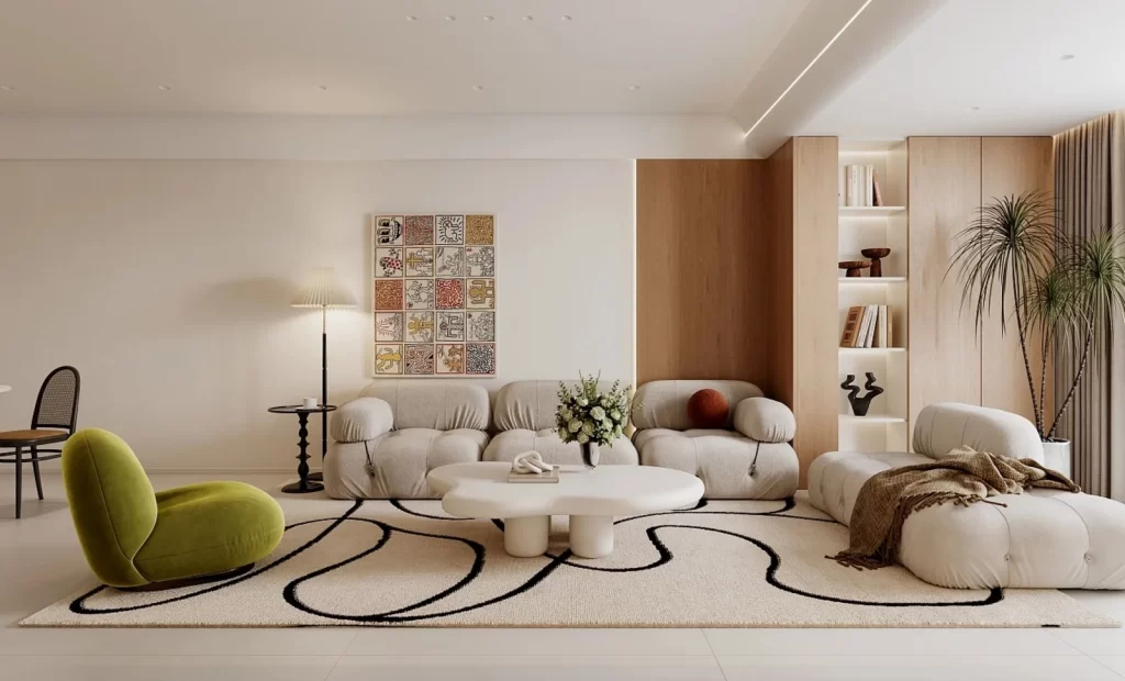 Modern Living Room Neutral Color Palette Minimalist Design Comfortable Seating Artistic Rug