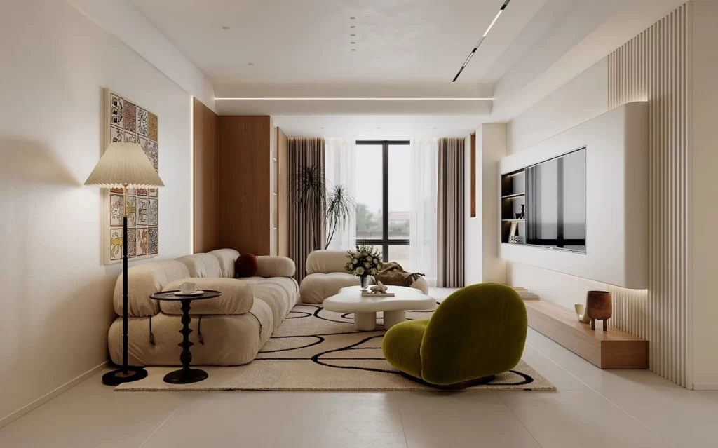 Modern Living Room Neutral Color Palette Minimalist Design Comfortable Seating Natural Light